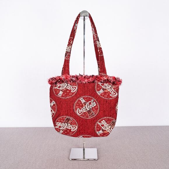 DIY Handmade Coca-Cola Fabric Handbag Quilted Lining Fringe Trim Red - Picture 3 of 6